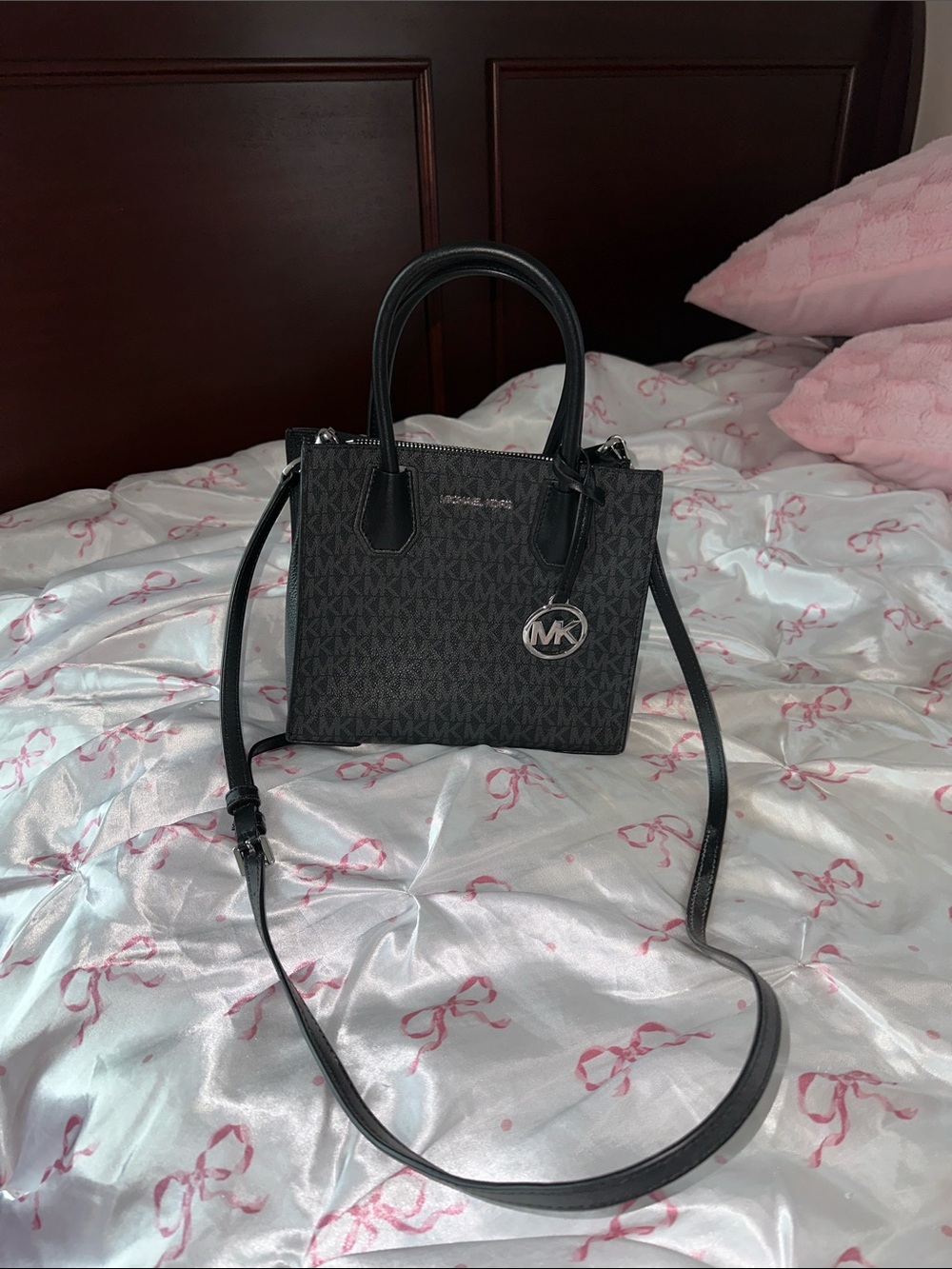 Michael Kors Black Logo Satchel with MK Charm